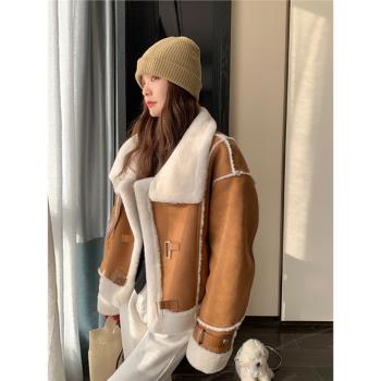 皮毛一體外套女鹿皮絨加厚棉衣棉服羊羔絨2024冬季新款加絨機車服