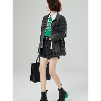 2024年春秋新款灰黑色牛仔外套女中長款寬松情侶顯瘦牛仔服大碼潮