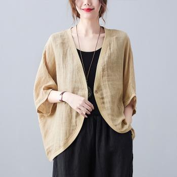 2021年夏新款復古文藝休閑薴麻外套女士寬松防曬純色開衫外搭上衣