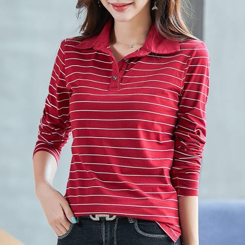 女士新款長袖t恤女純棉翻領條紋百搭氣質修身polo衫打底衫上衣潮