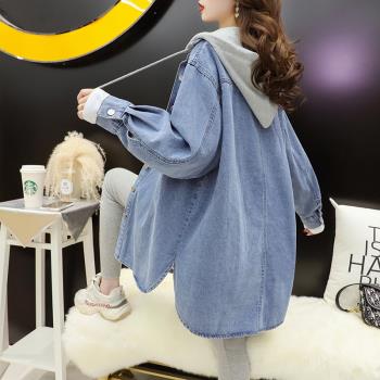 牛仔外套女2021年韓版春秋新款中長款連帽上衣寬松百搭慵懶風襯衣