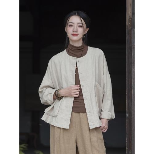 日系風格穿搭復古圓領長袖短外套苧麻寬松廓形休閑小個子工裝上衣