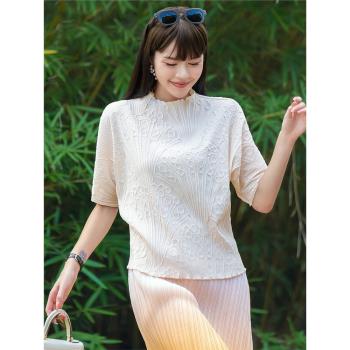 女夏中國風壓花褶皺名牌短袖上衣