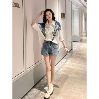 垂感襯衣女2024年新款七分袖印花襯衫女夏季薄款韓版寬松上衣女潮