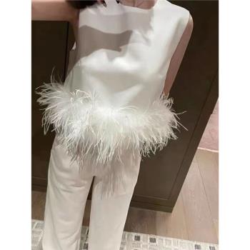 小香風吊帶背心仙女短上衣鴕鳥毛