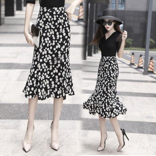 夏季小雛菊雪紡包臀裙2025高腰A字裙雪紡魚尾裙中長款一步碎花裙