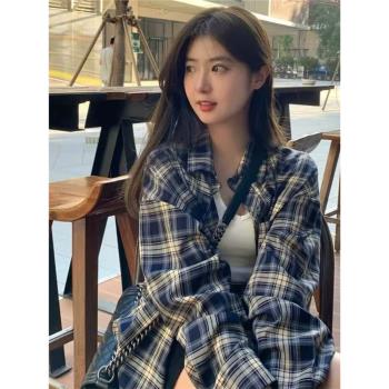 復古港風格子冪式穿搭慵懶風開衫外套女士春秋季長袖襯衣韓系上衣