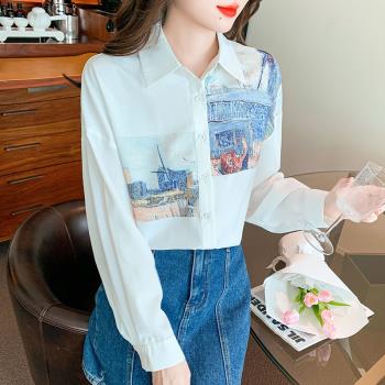 2024年秋季新款寬松印花襯衫女長袖白色設計感小眾雪紡上衣女襯衣