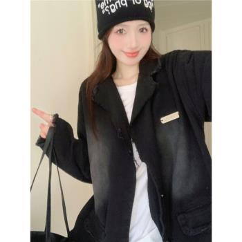 春秋磨白水洗牛仔小西裝外套女流蘇毛邊設計感小眾ins潮流上衣新