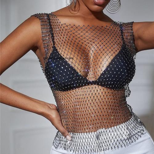 百搭方領無袖網眼修身型黑色閃亮性感小背心  嵌鉆型直筒網紗上衣
