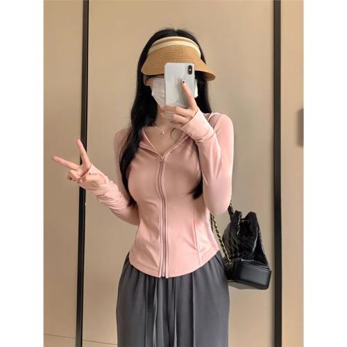 粉色修身瑜伽服冰絲防曬衣女款2024新款夏季輕薄緊身上衣開衫外套