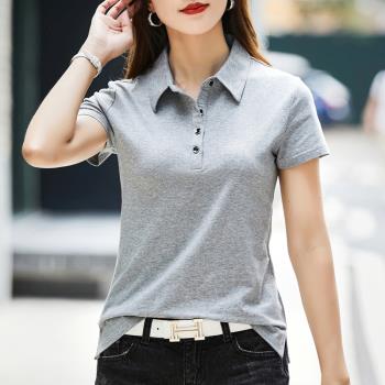灰色短袖POLO領上衣女翻領polo衫純棉修身t恤通勤工作衣團購夏季