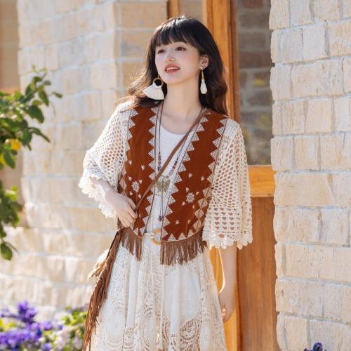 民族風重工刺繡流蘇鹿皮絨馬甲波西米亞風情背心 雙面單面都有