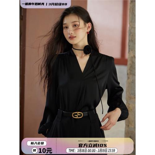 水波紋肌理感黑色飄帶襯衣法式垂感仿真絲波點V領襯衫上衣女837