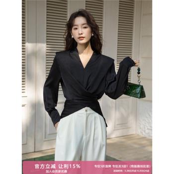 設計感交叉v領長袖黑色襯衫女2025春新款輕奢感小眾白色上衣8029