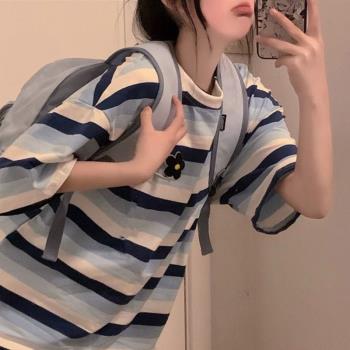 300斤特大碼胖MM美式復古條紋正肩短袖t恤女夏季港風潮牌寬松上衣