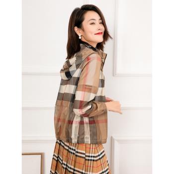 2024春季新款經典格紋長袖風衣上衣女士連帽個性時尚百搭防曬外套