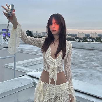 歐美風ins網紅性感辣妹性感蕾絲鏤空超薄夏季防曬開衫上衣外搭T恤