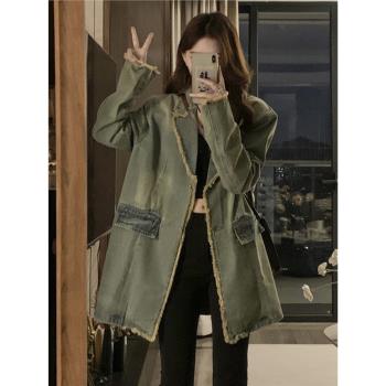 美式復古牛仔風衣外套女春秋季2024新款寬松設計感小眾西裝領上衣