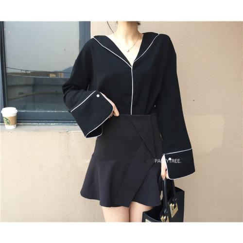 東大門秋冬睡衣風V領撞色水袖顯瘦襯衫大碼寬松翻領黑白襯衣胖MM