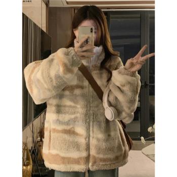 加絨加厚扎染條紋立領羊羔毛外套女秋冬季寬松中長款保暖棉服上衣