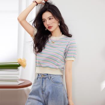 條紋短袖t恤女2023夏新款冰淇淋色溫柔風高彈力顯瘦針織短款上衣