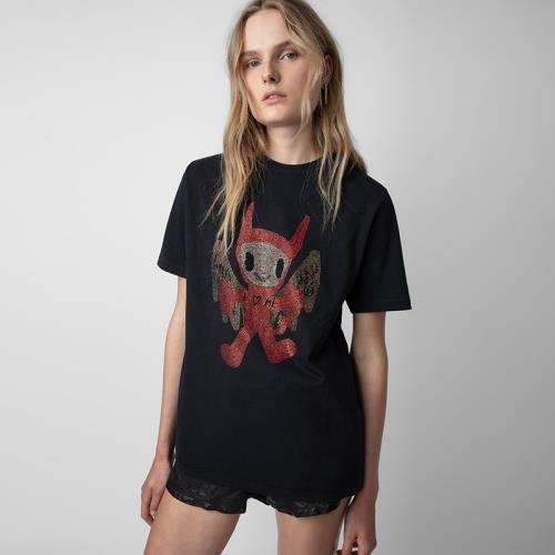 24早春新款法國小眾ZV前面娃娃燙鉆背后字母印花黑色女式短袖T恤