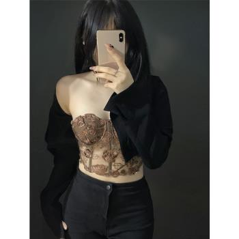 GirlFeel抹胸上衣女玫瑰刺繡魚骨蕾絲內搭外穿春夏性感美式小背心