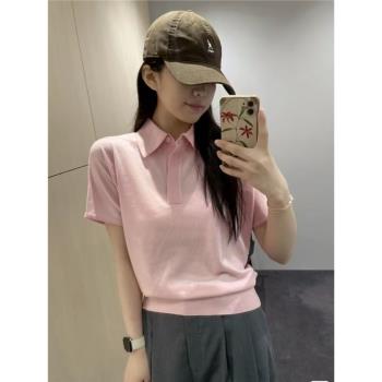 C家女裝2023初秋新品粉色簡約短袖親膚羊毛針織POLO衫減齡可愛