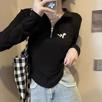 拉鏈Polo衫長袖T恤女不規則修身翻領套頭上衣簡約設計感ins休閑