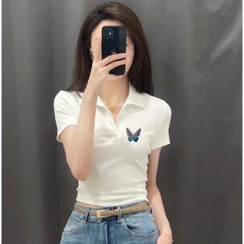 無扣正肩T恤polo領衫女純棉短袖v領上衣短款夏季修身設計感ins