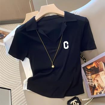 無扣Polo衫T恤女純棉夏季修身翻領上衣性感純欲風ins氣質簡約百搭