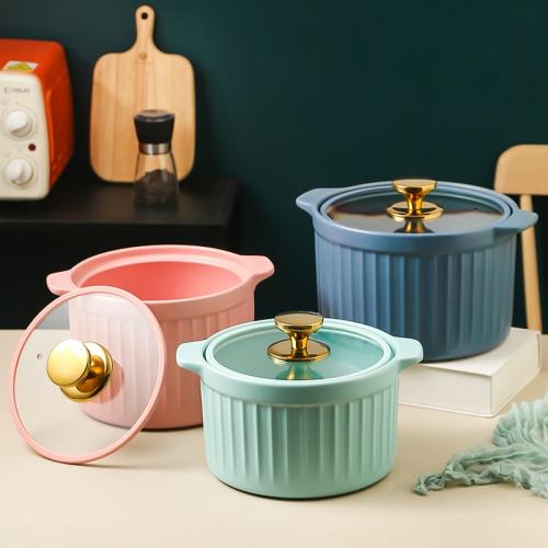 日本MUJIE創意啞光色釉陶瓷砂鍋帶玻璃蓋 豎紋簡約耐高溫明火