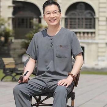 中年爸爸夏裝套裝短袖男士冰絲唐裝中國風老人夏季爺爺裝休閑衣服