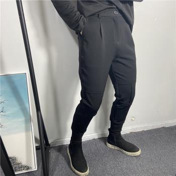 秋冬季男士暗黑系小腳修身休閑褲加厚簡單彈力韓版設計感褲子靴褲