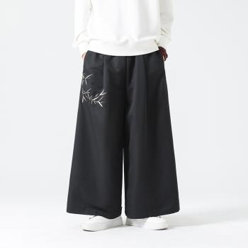 刺繡褲子男中國風寬松直筒男士休閑長褲夏季薄款胖子大碼闊腿裙褲