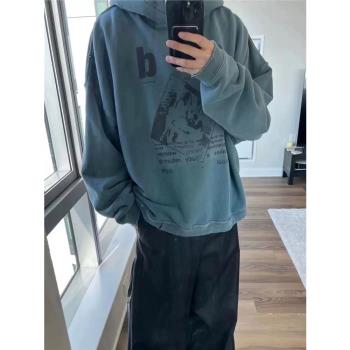 ERD憂鬱的富二代湖藍色重破壞水洗做舊純棉連帽衛衣wookvibe同款