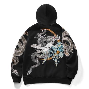 三代目橫須賀刺繡四神獸雙龍朱雀連帽衛衣中國風鳳凰加絨厚春秋新
