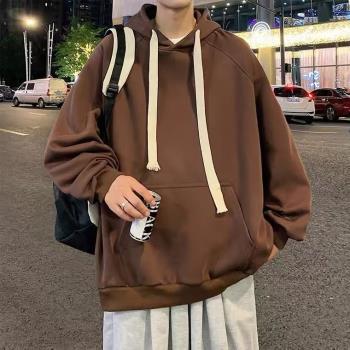 簡約編織帶抽繩衛衣男士連帽美式春秋季新款港風寬松百搭大碼外套