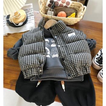 童裝兒童秋冬韓版格子棉服馬甲一體絨圓領卡通衛衣洋氣時髦打底衫