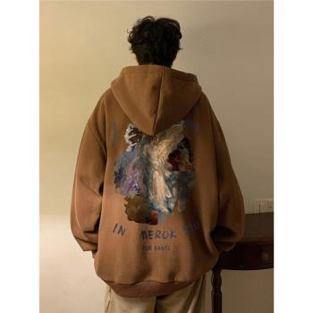 100%純棉秋冬美式hiphop加絨加厚衛衣男連帽oversize寬松情侶外套