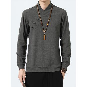 中國風套頭長袖衛衣秋季男中式盤扣漢服禪服打底衫春秋款修身上衣