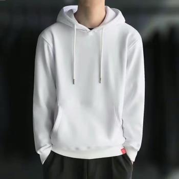 秋季男士薄款連帽衛衣休閑純白色黑色帶帽套頭情侶男裝有帽外套潮