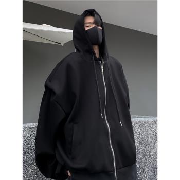 高街hiphop墊肩連帽衛衣男美式街頭潮牌純色痞帥休閑上衣開衫外套