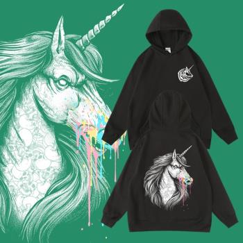 ins超火獨角獸卡通印花衣服秋冬加絨連帽套頭衛衣男女款