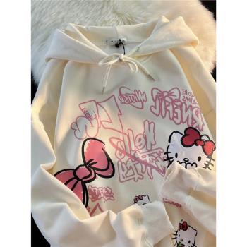 美式復古可愛卡通kitty連帽衛衣男女寬松小眾情侶慵懶chic外套潮
