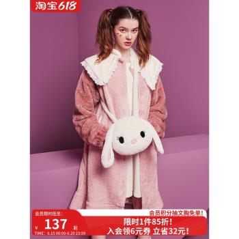 好奇小姐加厚加絨睡衣秋冬季少女珊瑚絨可愛長款睡袍家居服可外穿