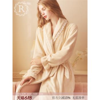 RoseTree珊瑚絨睡袍女款冬季加厚加絨浴袍浴衣長款法蘭絨睡衣外套