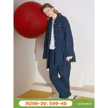朵朵可可夾棉女睡衣冬季條紋收腰顯瘦中長款中厚家居服套裝正品
