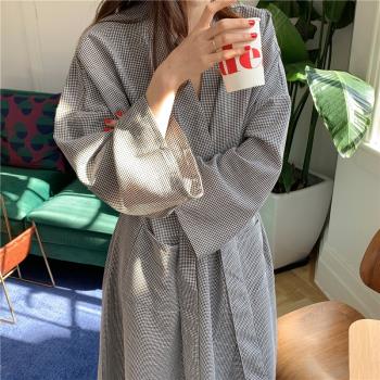 簡約女格子中長款和服ins睡衣